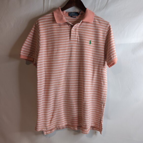 Vintage Polo Ralph Lauren Coral Pink/White Striped Polo with Green Logo, Large - Picture 1 of 7